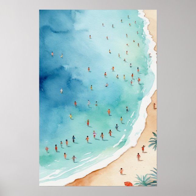 Trendig sommar vattenfärg hav strand våg   poster (Framsidan)