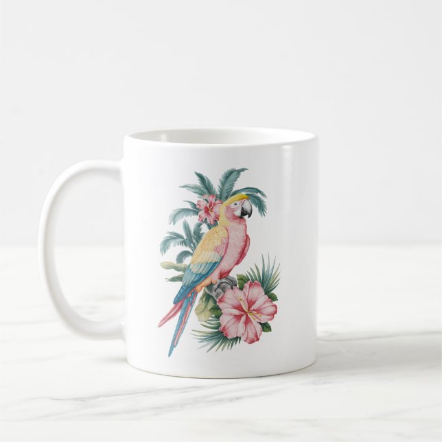 Trendig sommarstrand papegoja och hibiskusblommor  kaffemugg (Vänster)