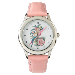 Trendig Sommarstrand Parrot och Hibiscus Flowers Armbandsur