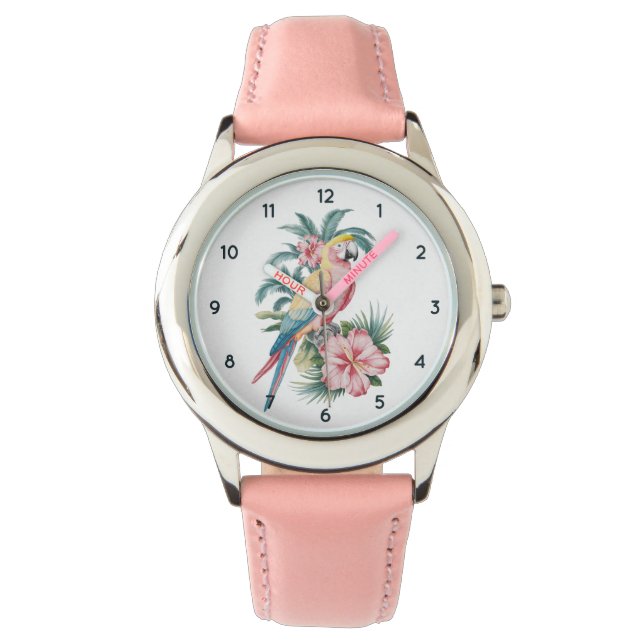 Trendig Sommarstrand Parrot och Hibiscus Flowers Armbandsur (Framsida)