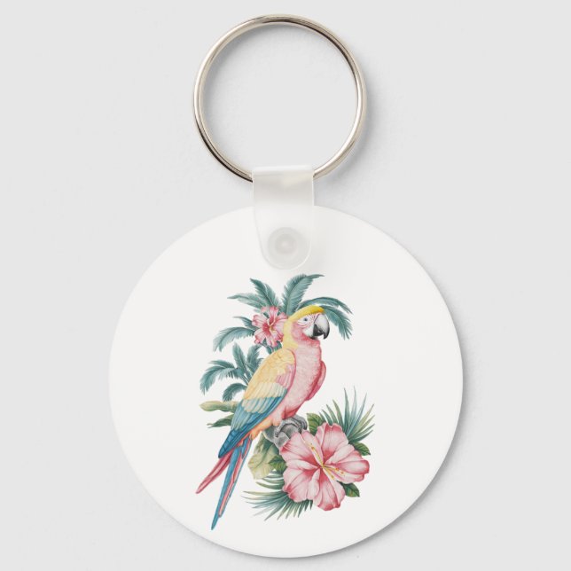 Trendig Sommarstrand Parrot och Hibiscus Flowers Nyckelring (Framsida)
