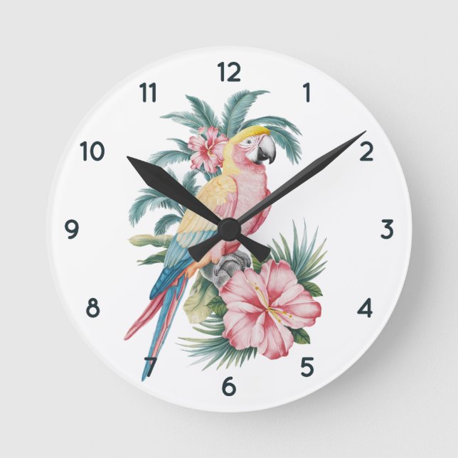 Trendig Sommarstrand Parrot och Hibiscus Flowers Rund Klocka (Framsida)