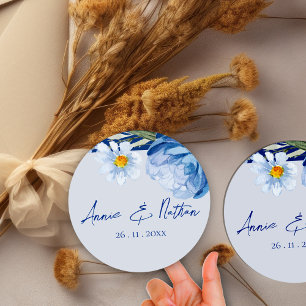 Trendig Söt Blåa blommor Blommigt Bröllop Sticker Runt Klistermärke