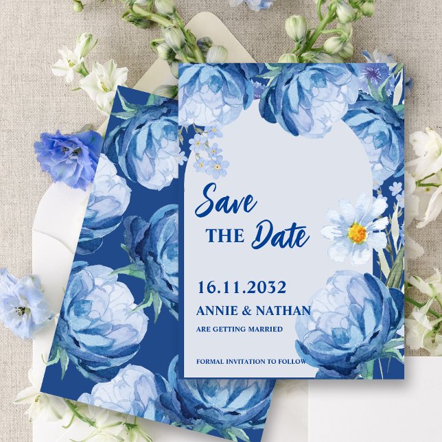 Trendig Söt Blue Blommigt Bröllop spara datum Datumet (Trendy Pretty Blue Florals Wedding Save the Date Invitation)