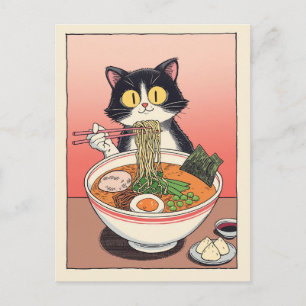 Trendig söt katt som äter ramen japansk vykort