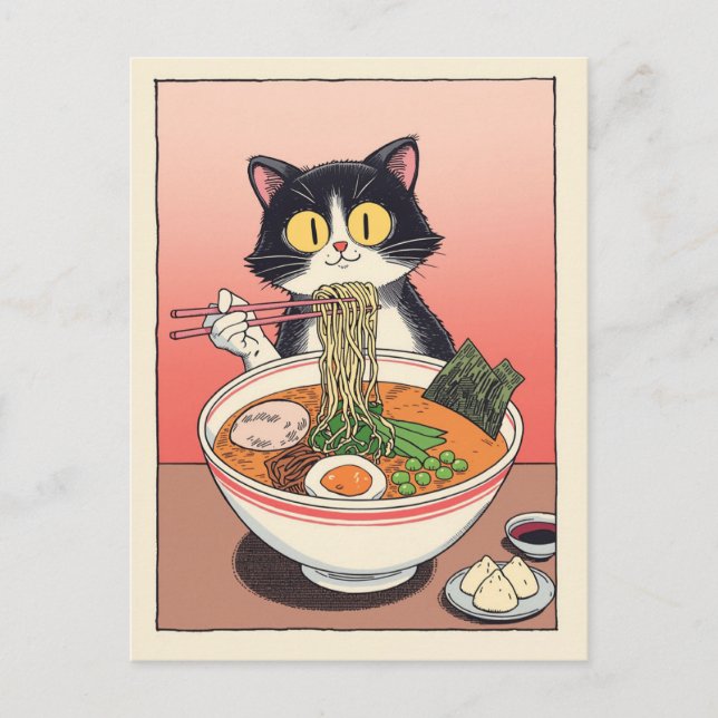 Trendig söt katt som äter ramen japansk  vykort (Framsida)