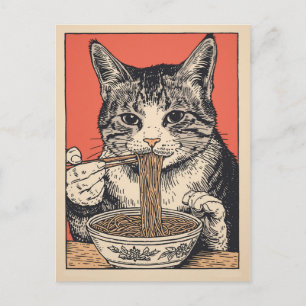 Trendig söt katt som äter ramen japansk vykort