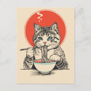 Trendig söt katt som äter ramen japansk vykort