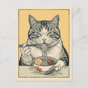 Trendig söt katt som äter ramen japansk vykort