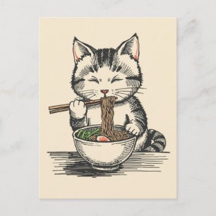 Trendig söt katt som äter ramen japansk vykort
