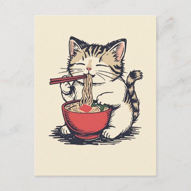 Trendig söt katt som äter ramen japanska  vykort (Framsida)