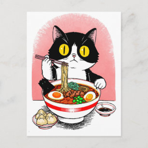 Trendig söt katt som äter ramen japanska vykort