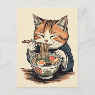 Trendig söt katt som äter ramen japanska vykort