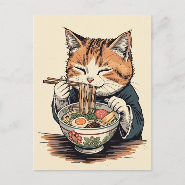 Trendig söt katt som äter ramen japanska  vykort (Framsida)