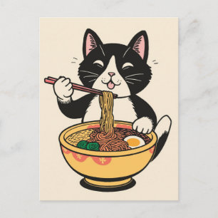 Trendig söt katt som äter ramen japanska vykort