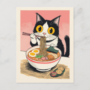 Trendig söt katt som äter ramen japanska vykort