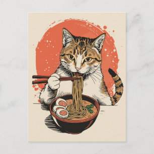 Trendig söt katt som äter ramen japanska vykort