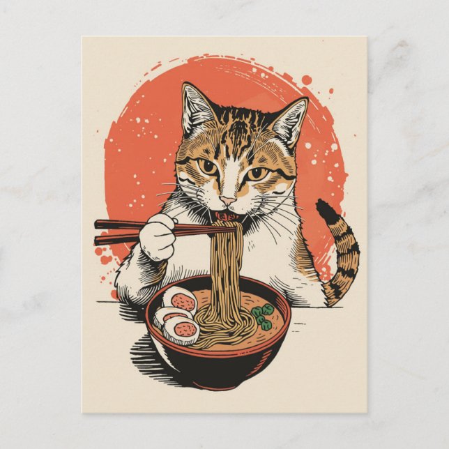 Trendig söt katt som äter ramen japanska  vykort (Framsida)