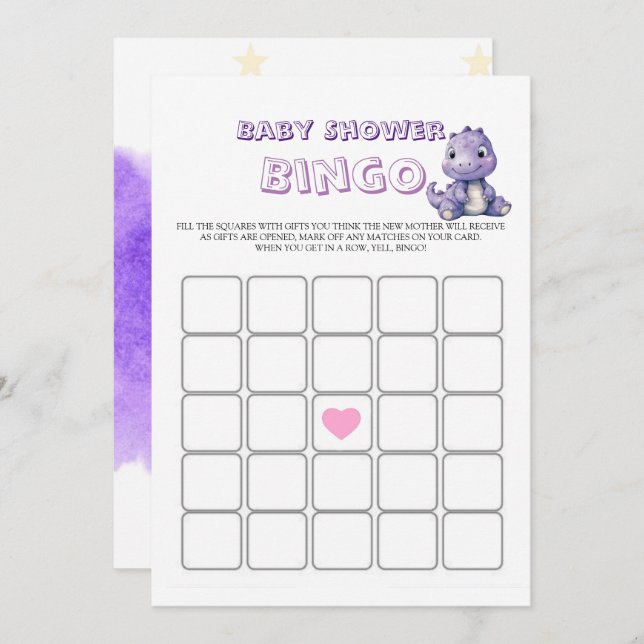 Trendig Söt Lila Dinosaur Baby Shower Bingo (Fram/baksida)