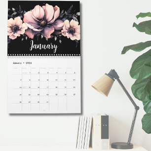 Trendig Söt Modern Rosa Svart Blommig Kalender