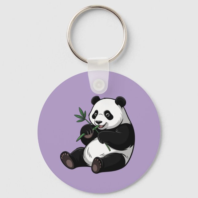 Trendig söt panda björn med grönska bambu lila nyckelring (Framsida)
