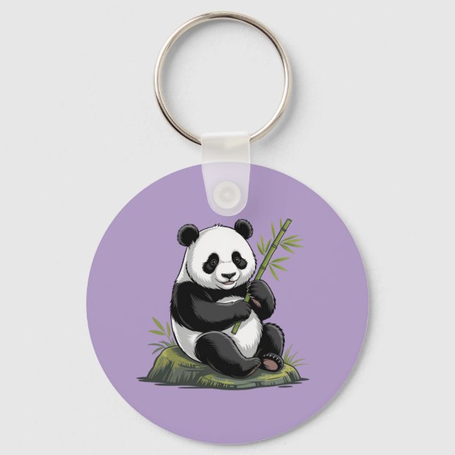 Trendig söt panda björn med grönska bambu lila nyckelring (Framsida)