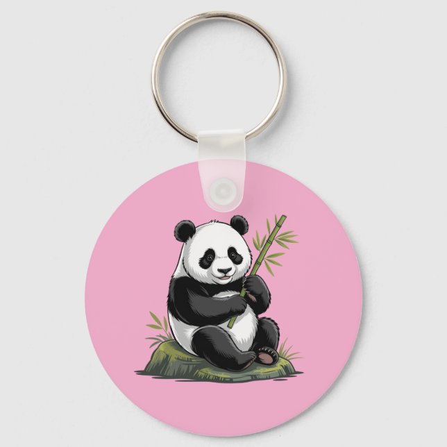 Trendig söt panda björn med grönska bambu rosa nyckelring (Framsida)