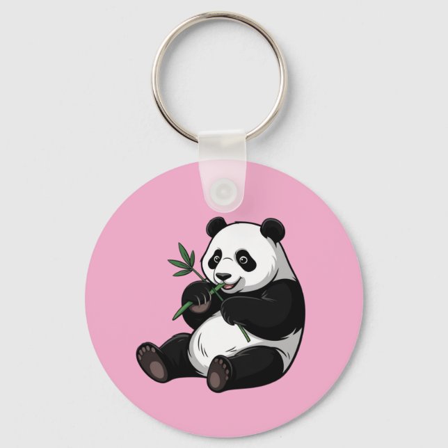 Trendig söt panda björn med grönska bambu rosa nyckelring (Framsida)