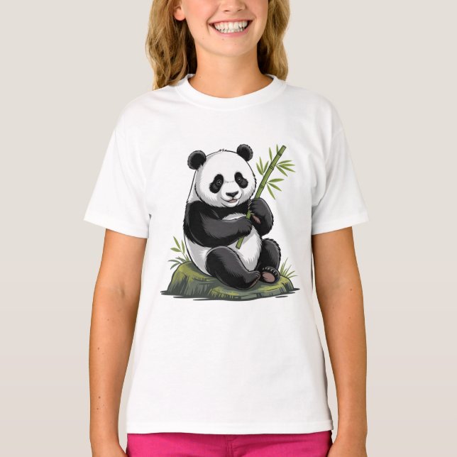 Trendig söt panda björn med grönska bambu  t shirt (Framsida)