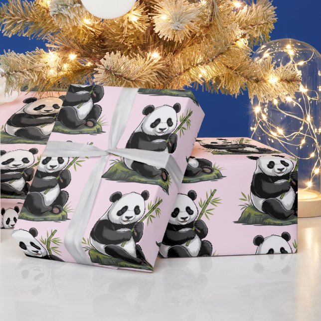 Trendig söt panda björn med grönska bamburosa presentpapper (Helgdagar)