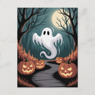 Trendig spöklik Halloween Pumpa Spöke Mån skog Vykort