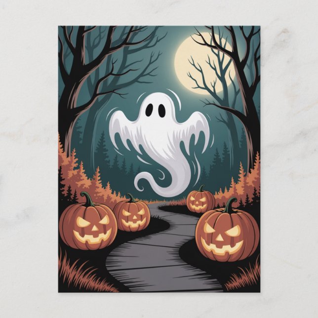 Trendig spöklik Halloween Pumpa Spöke Mån skog Vykort (Framsida)