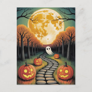 Trendig spöklik Halloween Pumpa Spöke Mån skog Vykort