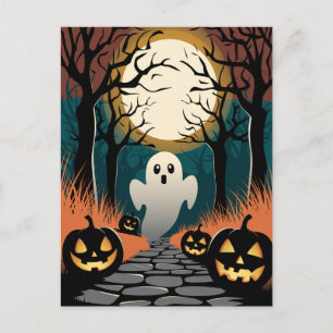 Trendig spöklik Halloween Pumpa Spöke Måne skog Vykort