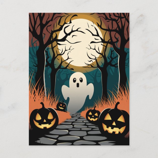 Trendig spöklik Halloween Pumpa Spöke Måne skog Vykort (Framsida)