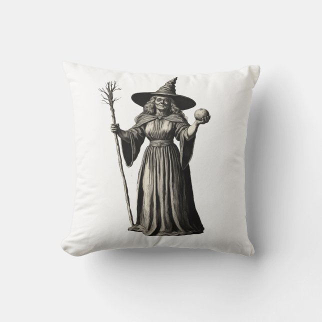 Trendig Spooky Halloween häxa och broom Kudde (Framsida)