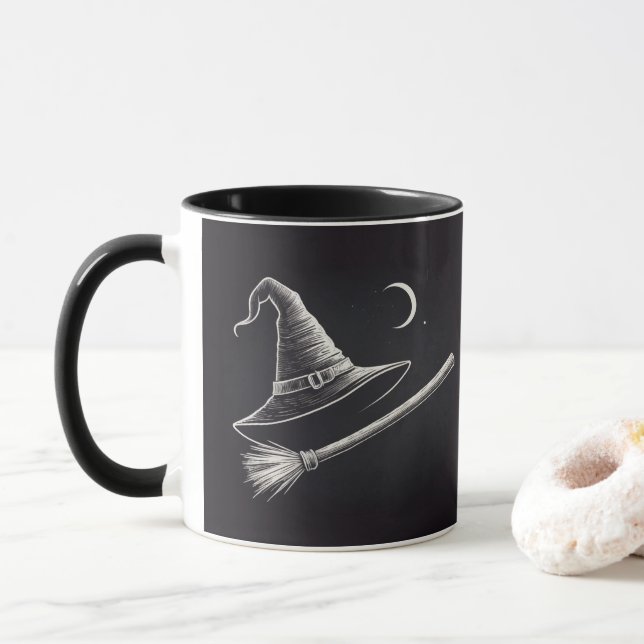 Trendig Spooky Halloween-häxhatt och bommarsvart Mugg (Med munk)
