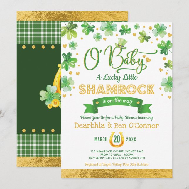 Trendig St patrick's day Lucky Shamrock Baby Showe Inbjudningar (Fram/baksida)