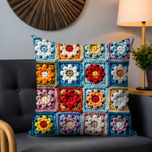 Trendig Sticka Granny Square Colorful Blommönster Kudde