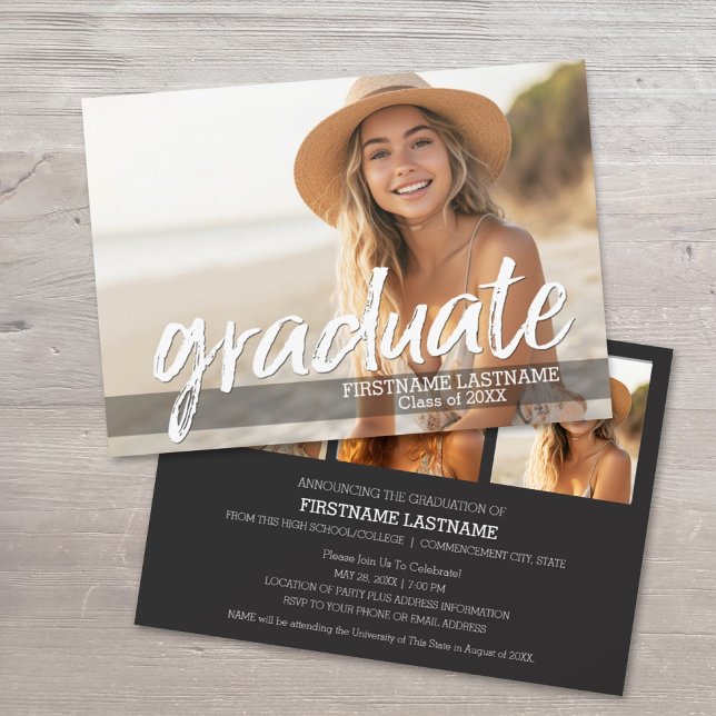 Trendig Studenten annonsering Party med 4 foton Inbjudningar (Modern Graduation Announcement with 4 photos)
