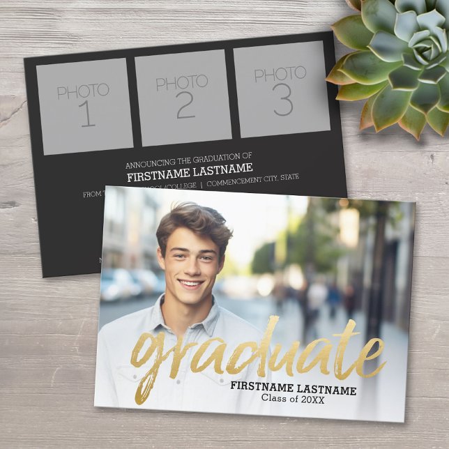 Trendig Studenten meddelande med 4 foton guld Inbjudningar (Custom Graduation Announcement)
