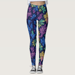 Trendig svart färgglad blad botanisk mönster leggings