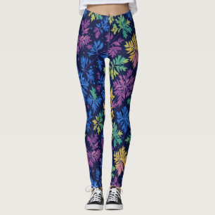 Trendig svart färgglad blad botanisk mönster leggings