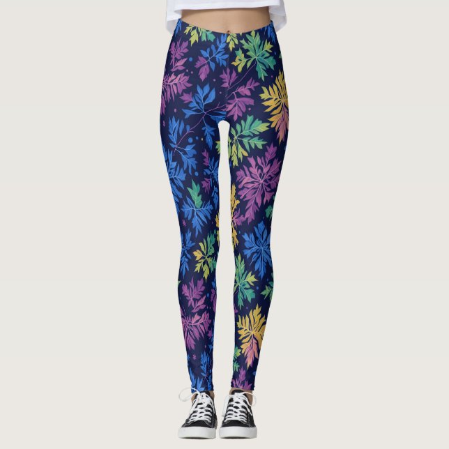 Trendig svart färgglad blad botanisk mönster  leggings (Framsida)