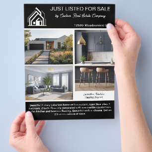 Trendig svart fastighetsförteckning 2-sidig modern reklamblad