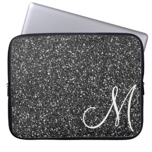 Trendig svart glittermonogram laptop fodral