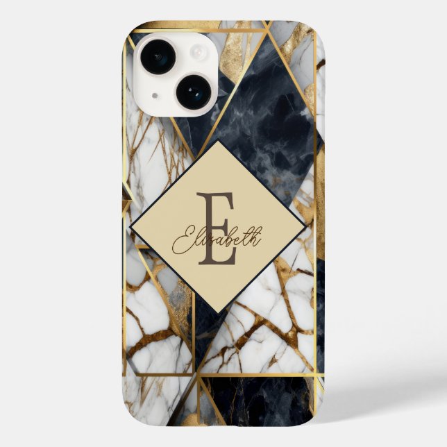 Trendig Svart Guld Geometrisk Marmor Monogram (Baksida)