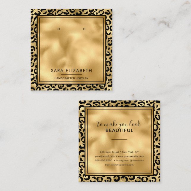 Trendig svart guld leopardtryck örhänge display-ko fyrkantigt visitkort (Fram/baksida)