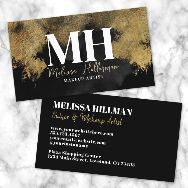 Trendig svart guldmonogram visitkort (Trendy Black Gold Monogram Business Card)