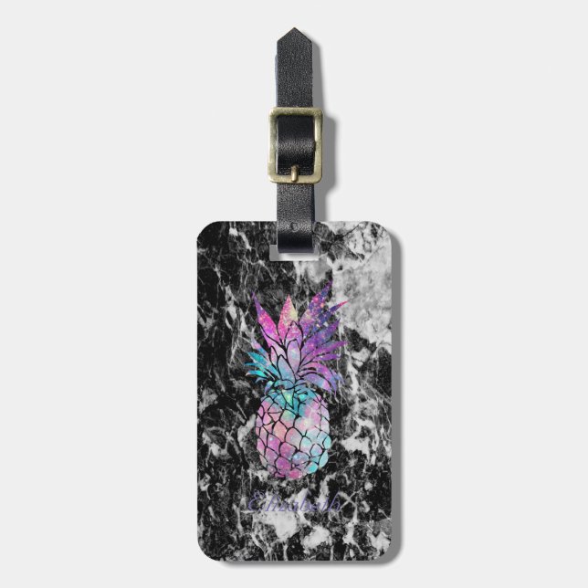 Trendig svart marmor, Ananas - Personlig Bagagebricka (Vertikal Framsida)
